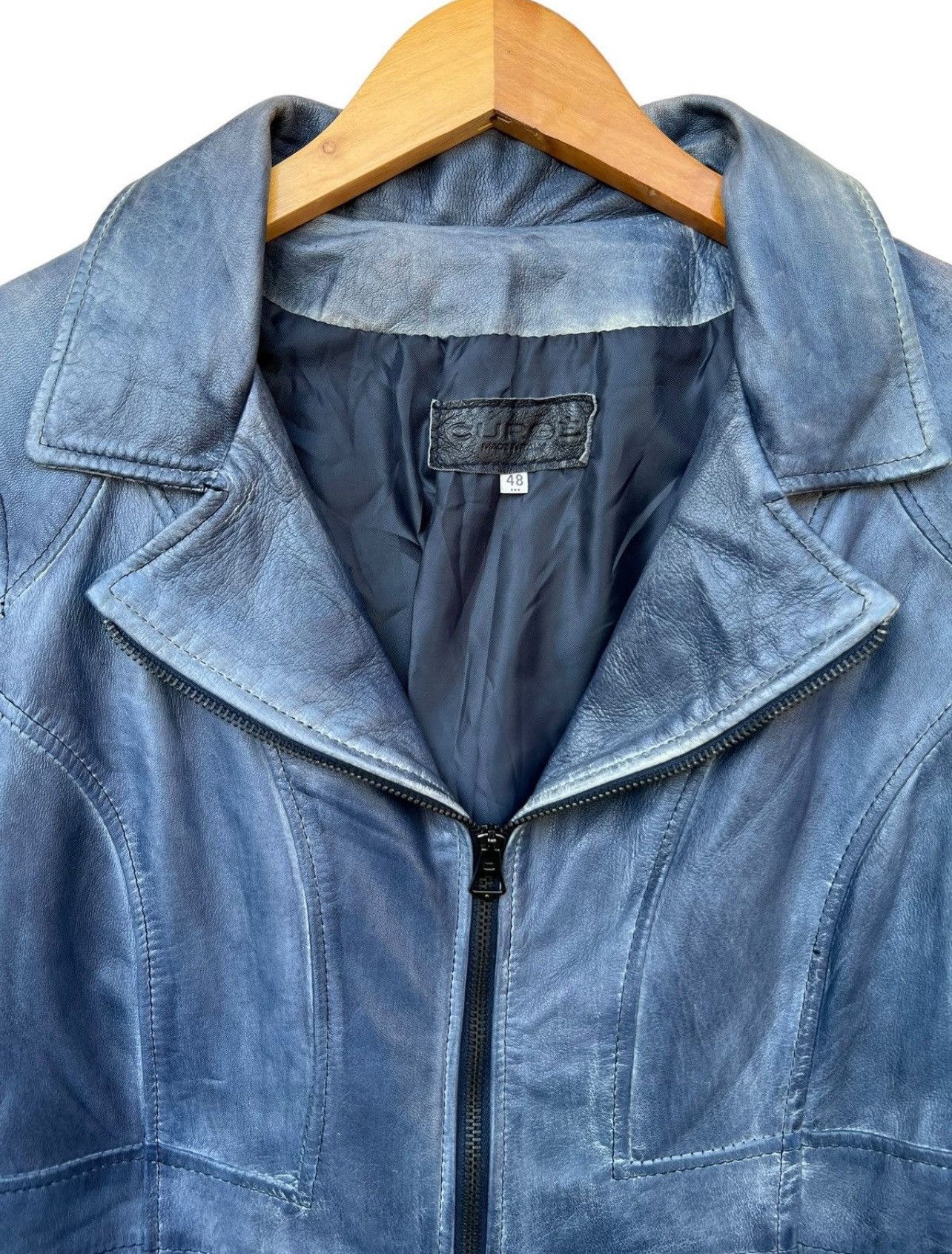 Japanese Brand Curge Italy Blue Sunfaded Biker Leather Jacket Size US S / EU 44-46 / 1 - 5 Thumbnail