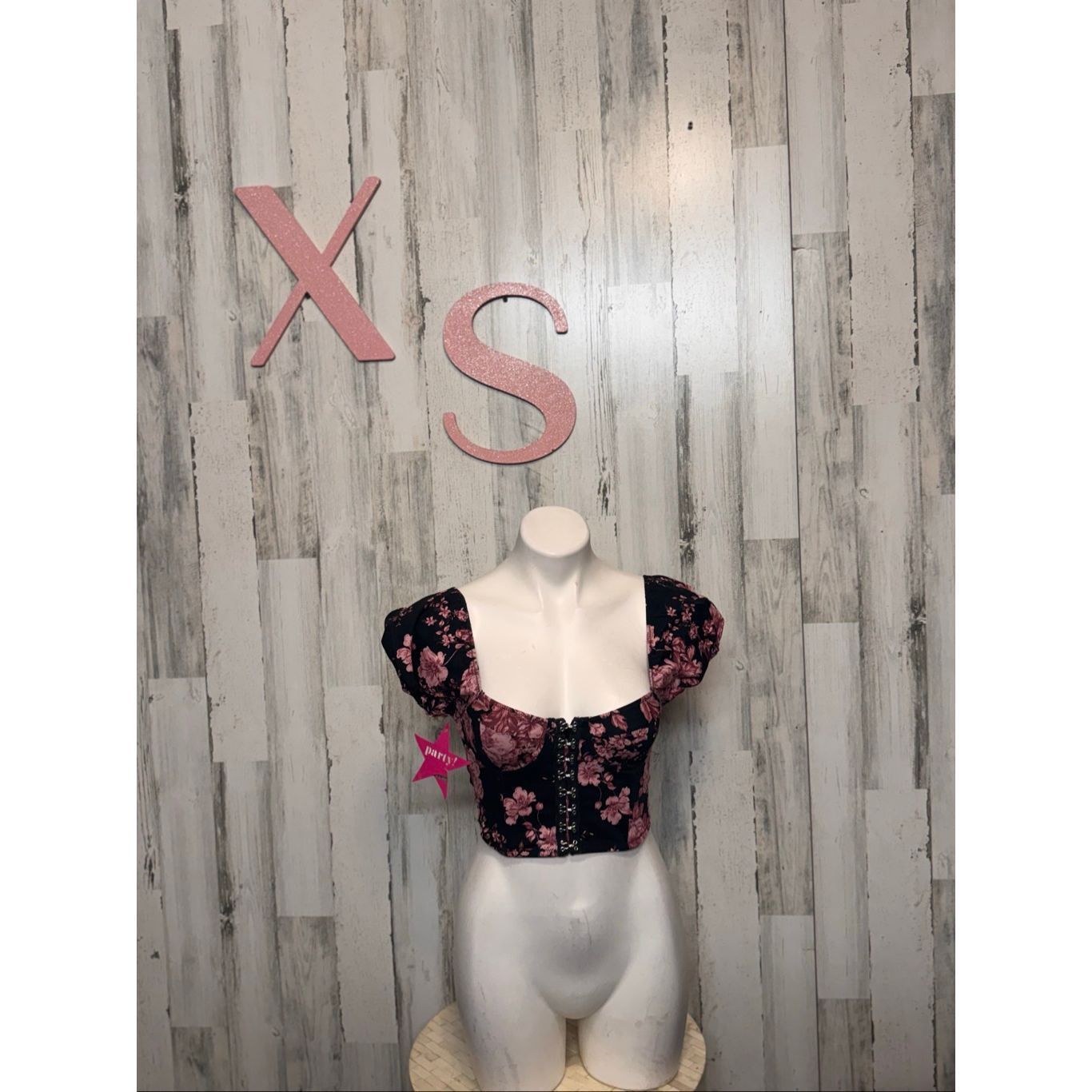 Melrose XS Black Pink Floral Corset Crop Top Puff Sleeve Hook-Front Size XS / US 0-2 / IT 36-38 - 1 Thumbnail