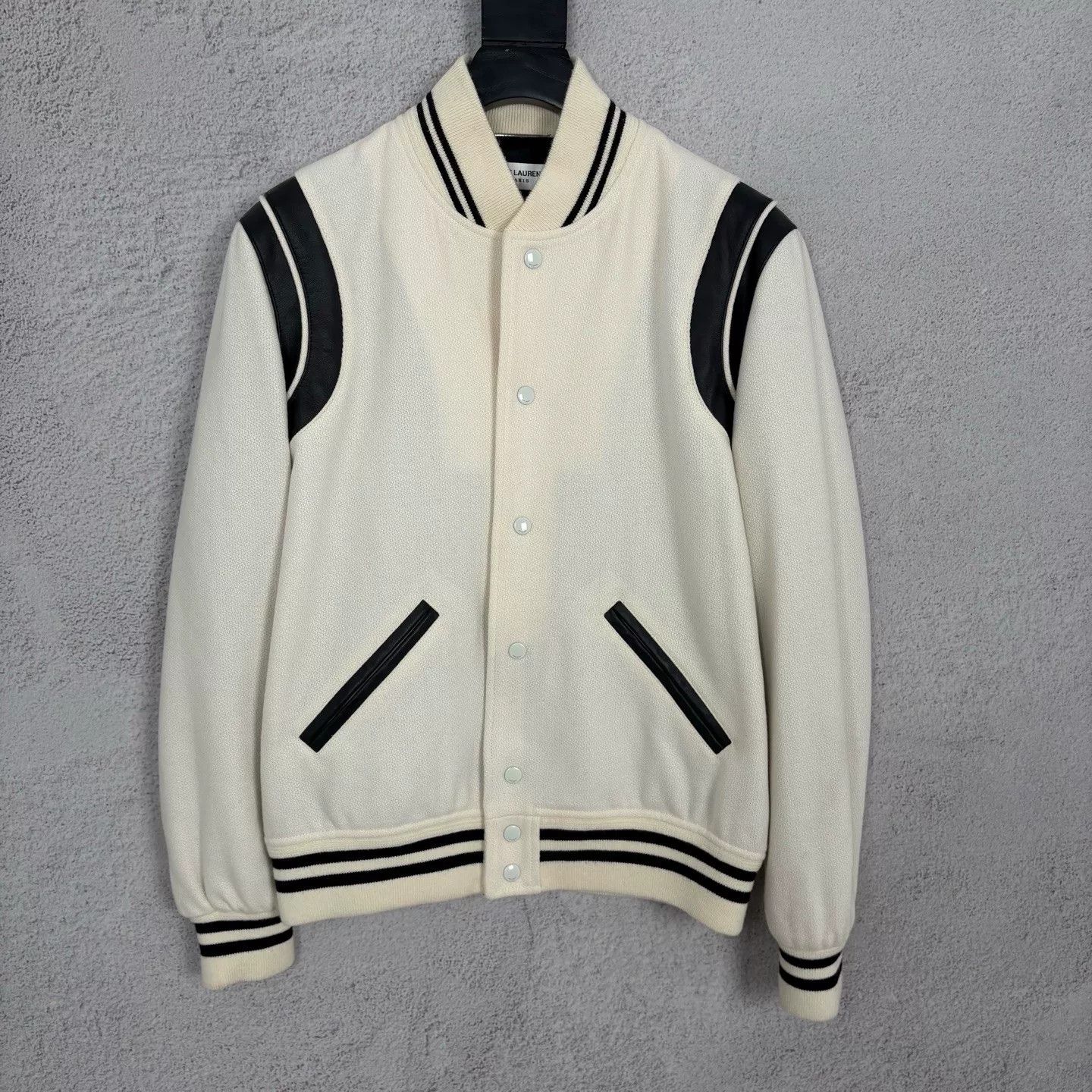 Saint Laurent Paris Saint Laurent Cream Leather Sleeves Varsity Jacket Size US M / EU 48-50 / 2 - 1 Thumbnail