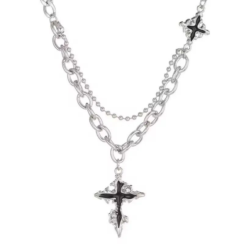 Japanese Brand Retro punk gothic melting cross layered chain necklace y2k Size ONE SIZE - 4 Thumbnail