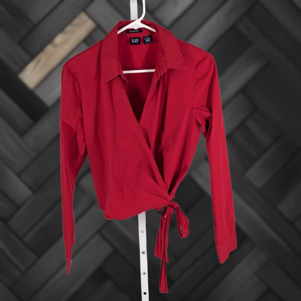 Gap VINTAGE GAP Red Wrap Shirt Tie Waist Collared Top M Women Long Sleeve Stretch Y2K Blouse Size M / US 6-8 / IT 42-44 - 1 Thumbnail