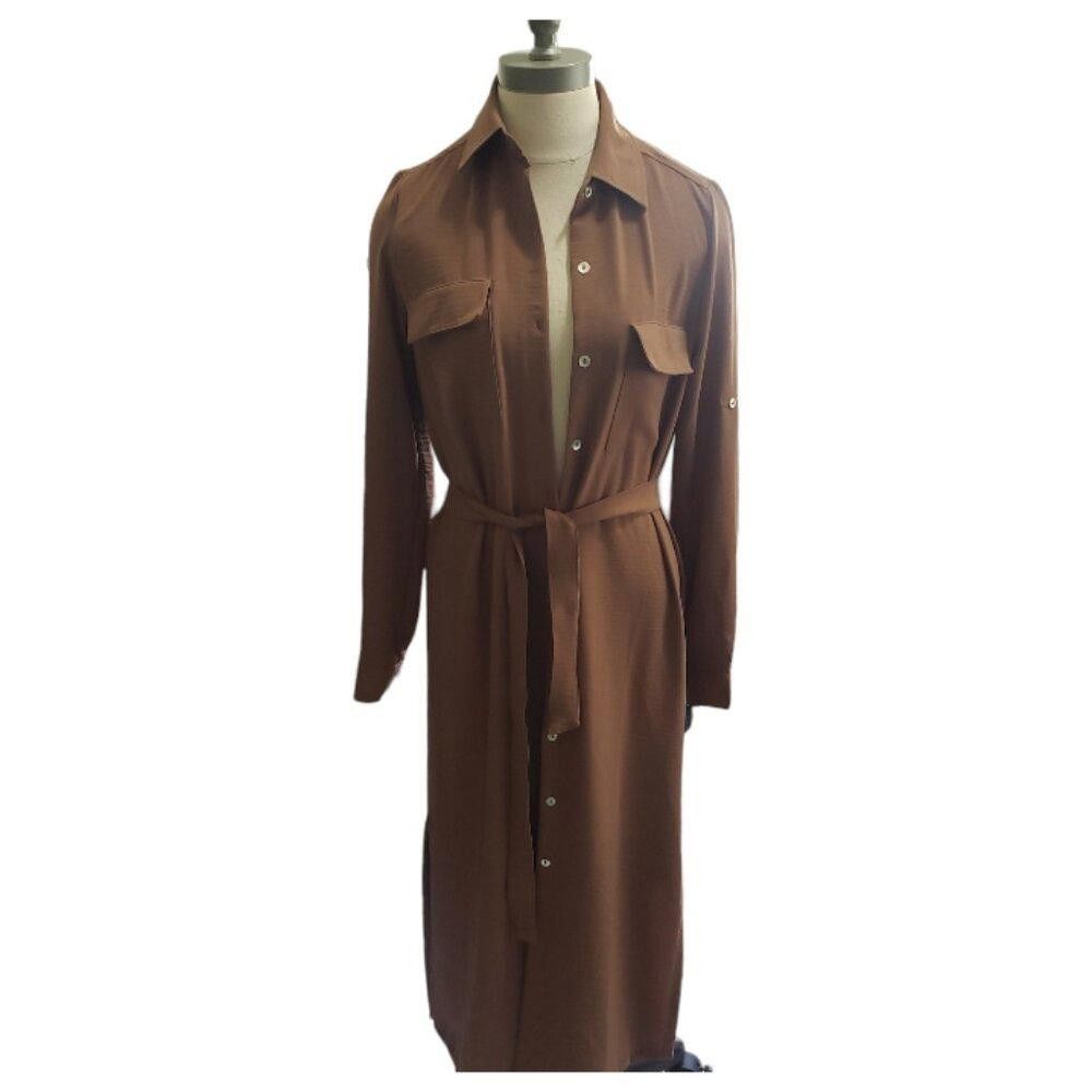 Designer CT226 Spins Button Front Brown Tunic with Sash and Pockets S Size S / US 4 / IT 40 - 1 Thumbnail