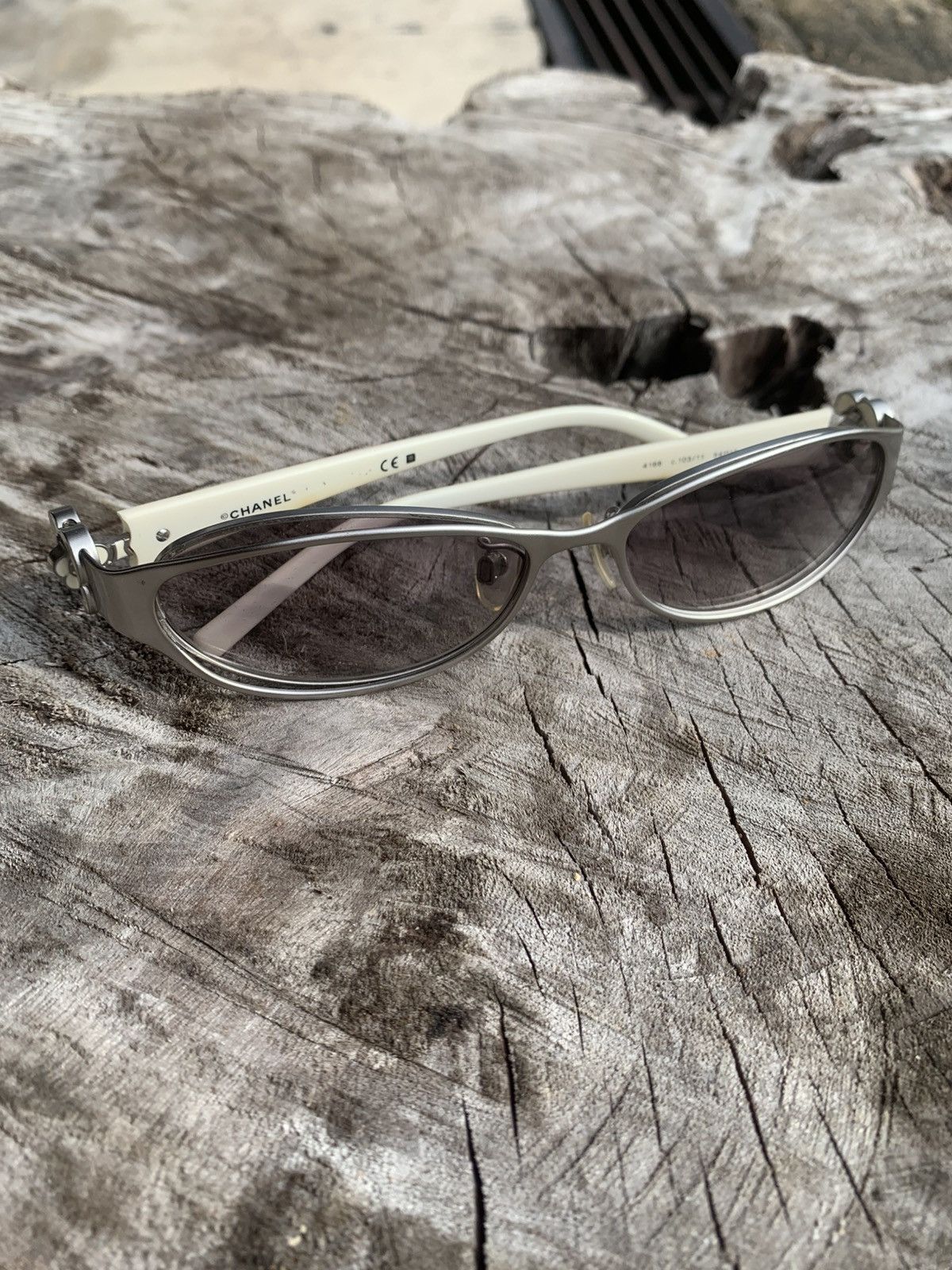 Chanel Chanel Silver/Gray Camellia Rectangle Sunglasses Size ONE SIZE - 7 Thumbnail