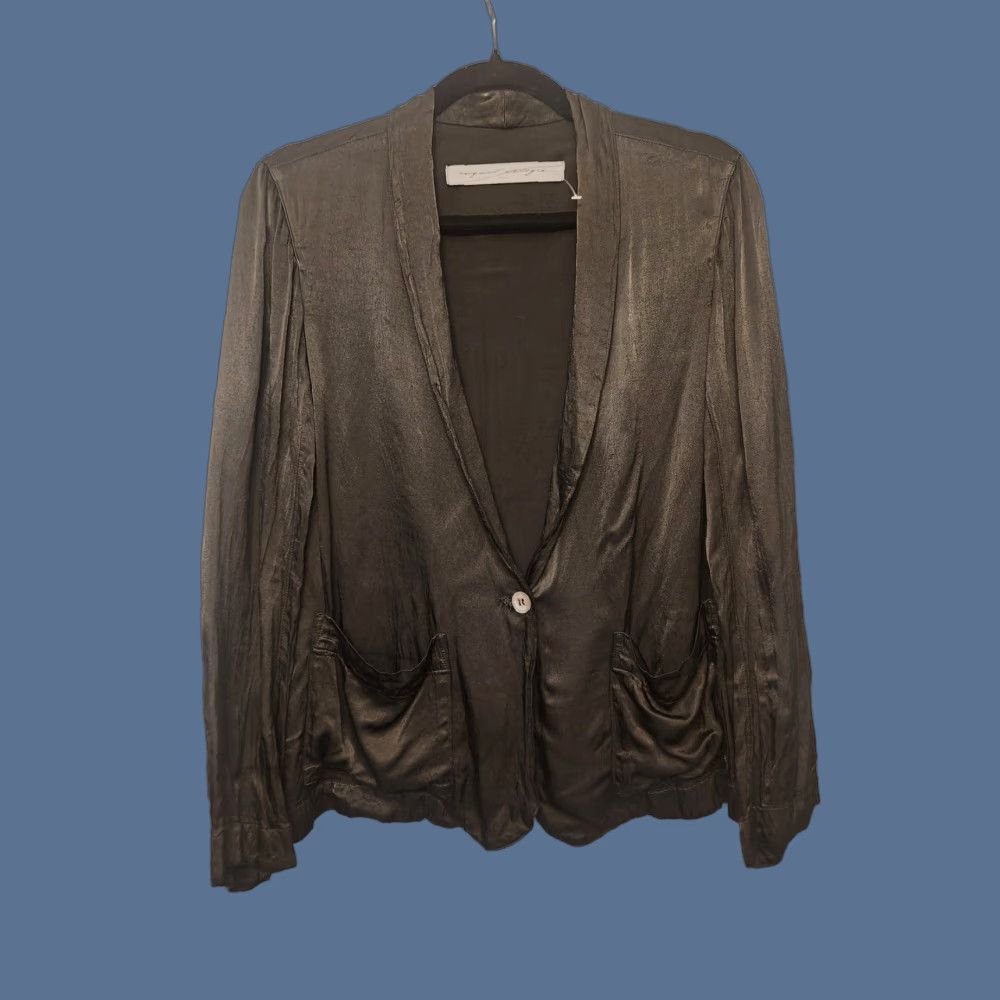Vintage Raquel Allegra Blazer Women Medium Single Button Ruched Minimalist Shiny Black Blazer Women M Black Formal Workwear OPTIONS: None Size M / US 6-8 / IT 42-44 - 1 Thumbnail