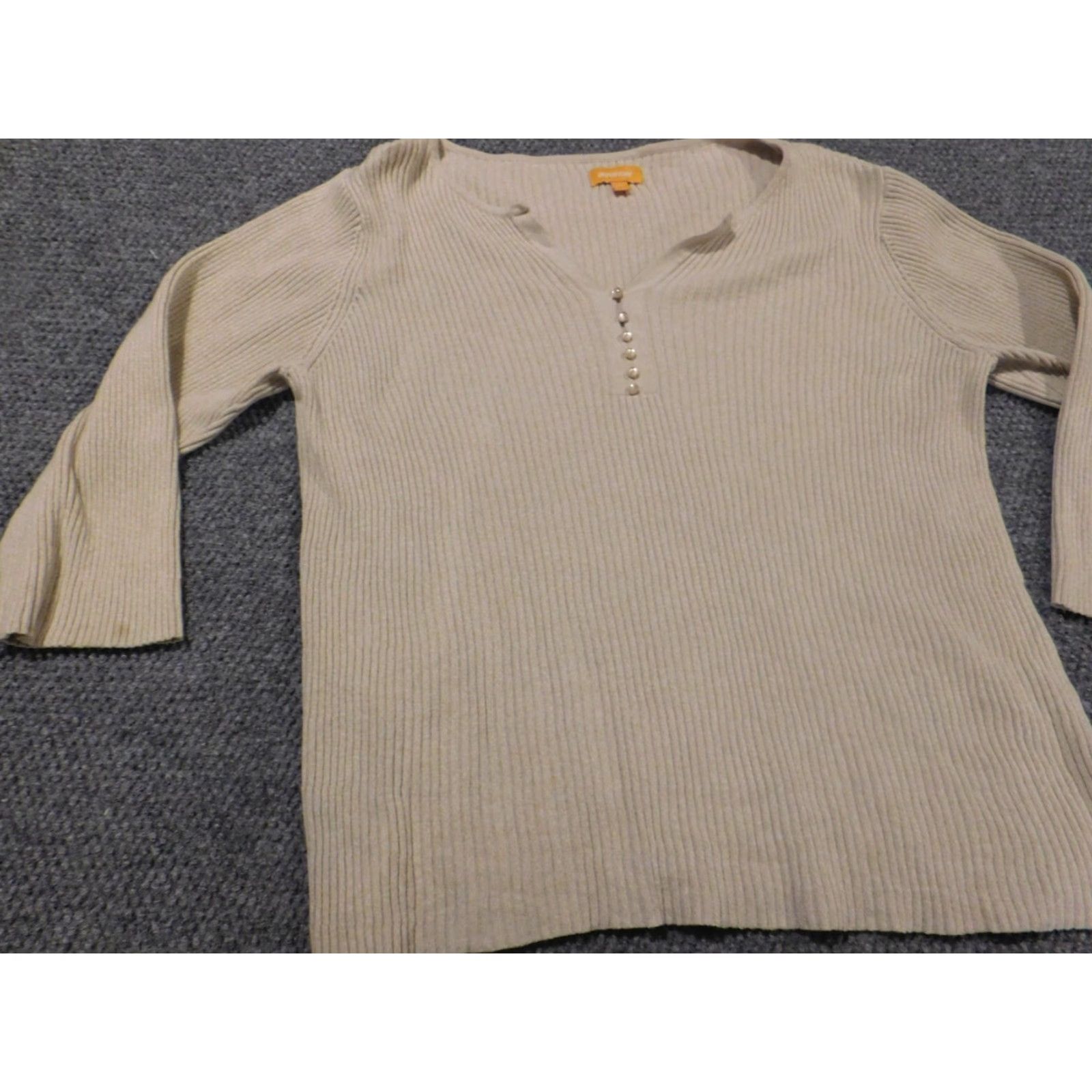 Avenue Avenue Sweater Pullover Women 22 Beige Long Sleeve Cotton Knit V-Neck Embroidered Casual Stretch Modern Vintage No Size 3XL / US 20-22 - 4 Thumbnail