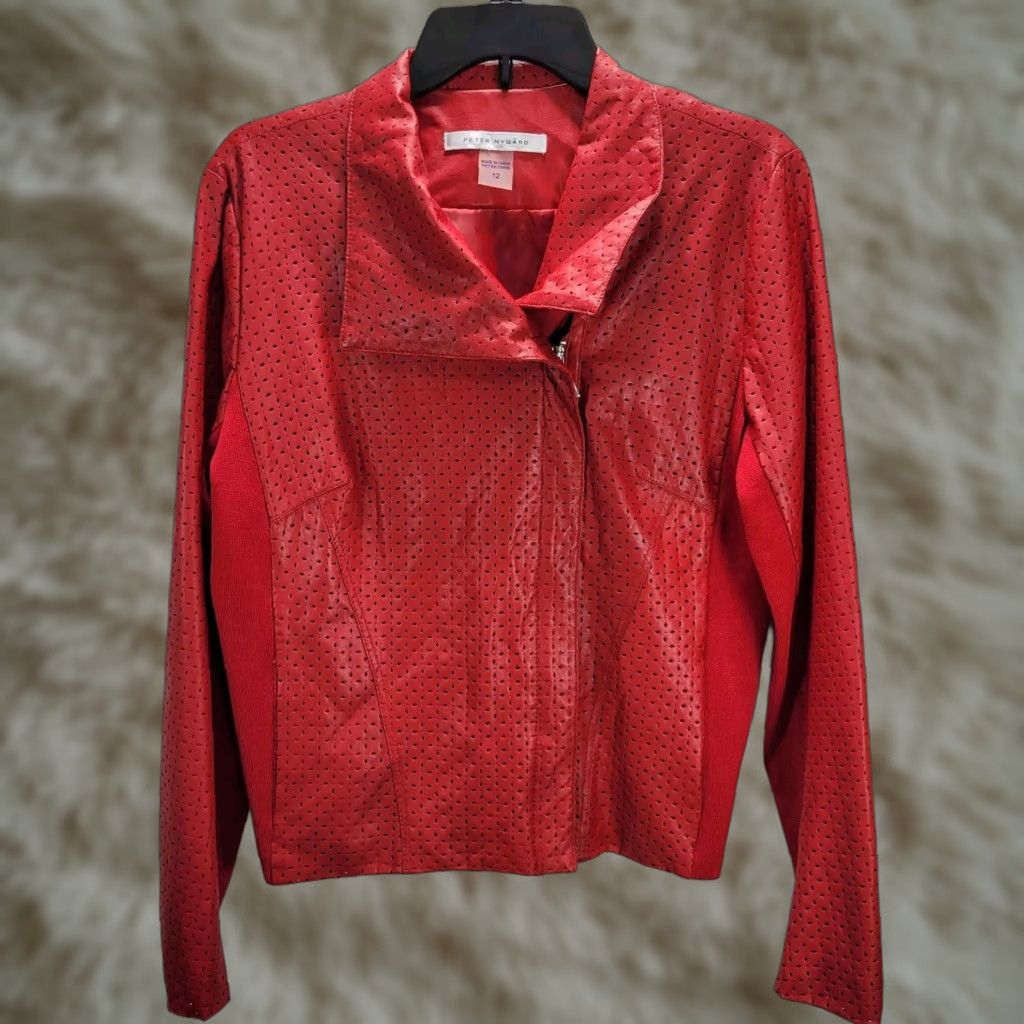 Vintage Peter Nygard Red Textured Cut Out Faux Leather Jacket Zip Up Knit Trim Sz 12 Ladies Shirt? Size XL / US 12-14 / IT 48-50 - 1 Thumbnail