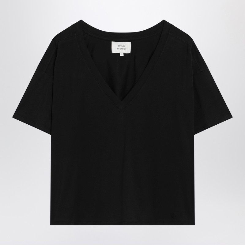 Loulou de Saison Loulou De Saison Black Cotton V-Neck T-Shirt Size M / US 6-8 / IT 42-44 - 1 Thumbnail