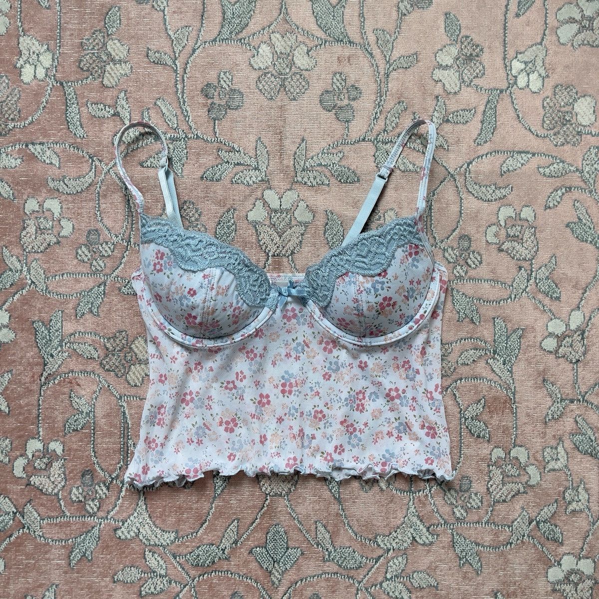 Other Vintage Y2K Blue Floral Mesh Bustier Top (34B/32C) Size S / US 4 / IT 40 - 6 Thumbnail