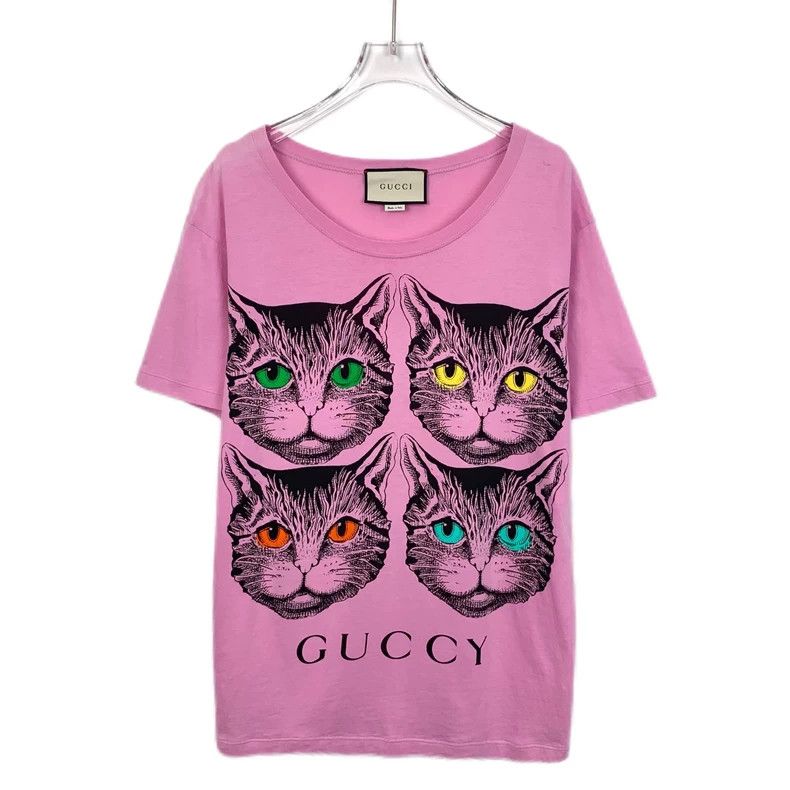 Gucci Gucci Pink cat print round-neck cotton short-sleeved T-shir Size US XXS / EU 40 - 1 Thumbnail