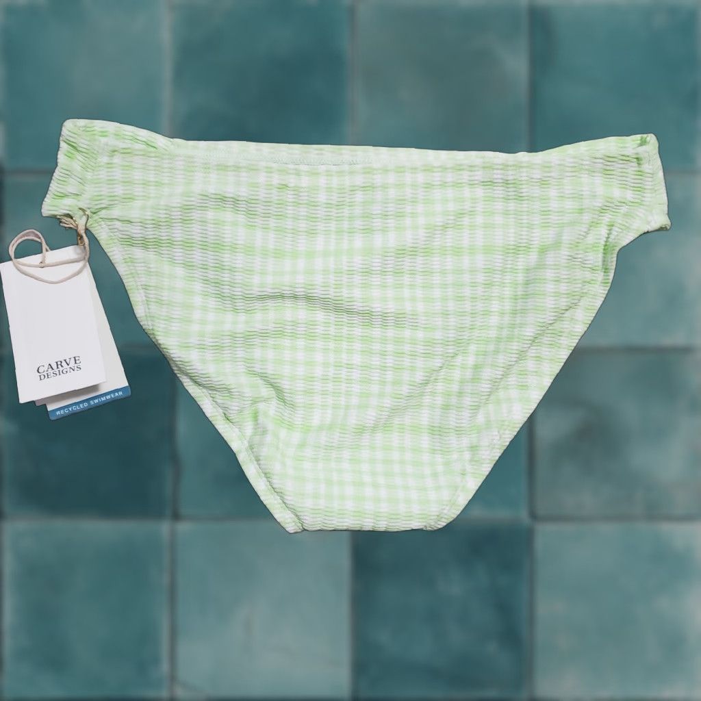 Vintage Carve Designs Cardiff Bikini Bottom Women M Lime Green White Spritz Texture Gingham UPF 50 4-Way Stretch Nylon Spandex Beach Surf Sustainable Size 32" / US 10 / IT 46 - 1 Thumbnail