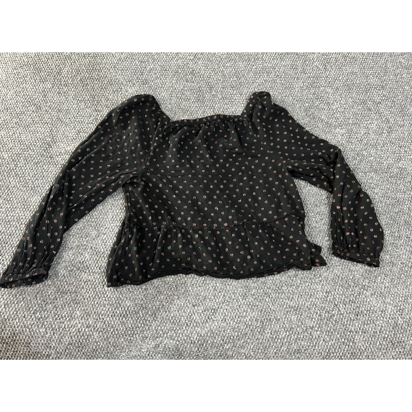 Loft LOFT Blouse Boho Womens Medium Black Metallic Dot Peplum Long Sleeve Shirt Size M / US 6-8 / IT 42-44 - 7 Thumbnail