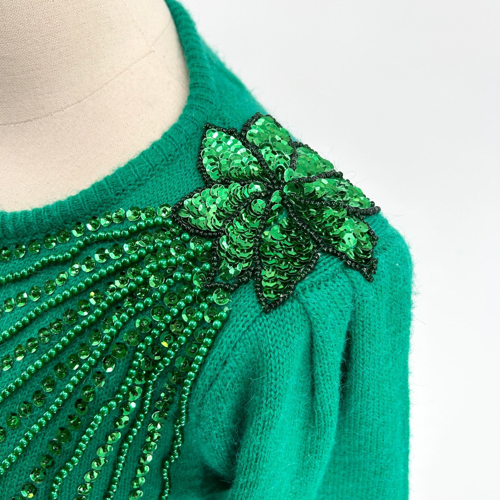 Vintage 80s Interim Green Sequin Shoulder Pad Knit Sweater Dress Size S / US 4 / IT 40 - 3 Thumbnail