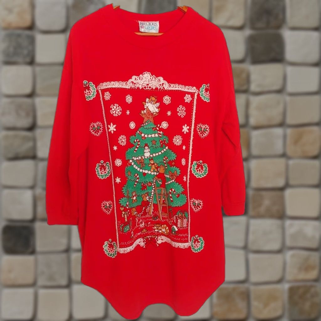 Vintage VINTAGE Precious Gems Christmas Nightgown OSFM Red Bears Cat Glitter Long Sleeve Womens Size ONE SIZE - 1 Thumbnail