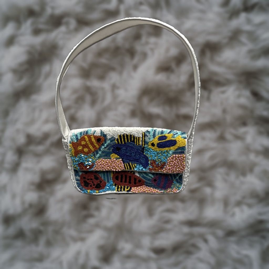 VINTAGE Beaded Tropical Fish Shoulder Bag Viral Made In India Purse