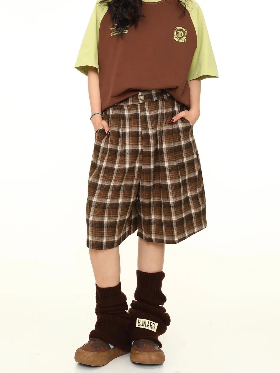 Japanese Brand × Vintage Retro brown drape plaid shorts Size US 30 / EU 46 - 1 Thumbnail