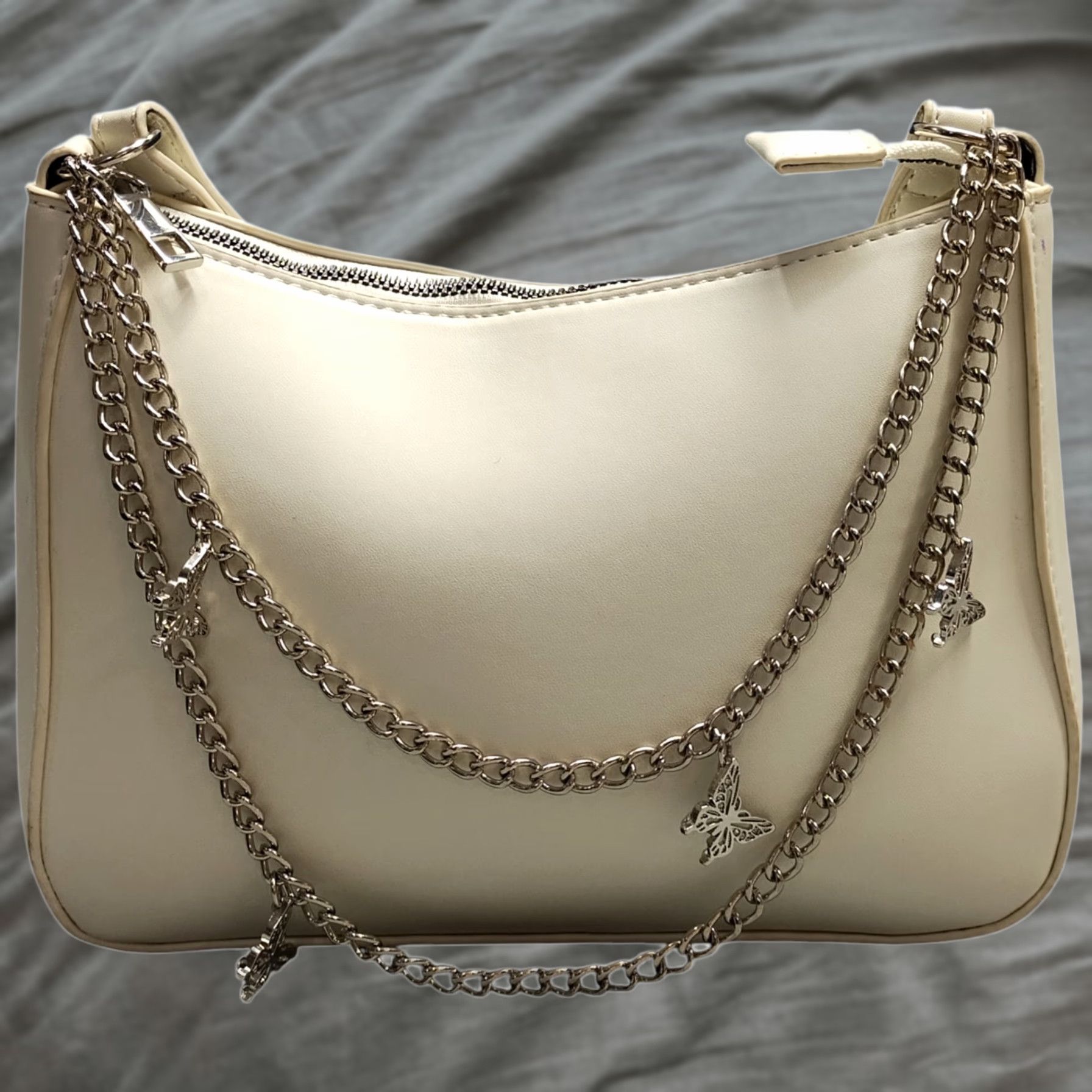 Vintage Womens Shoulder Bag White Leather Butterfly Chain Zip Closure Travel Handbag Size ONE SIZE - 1 Thumbnail