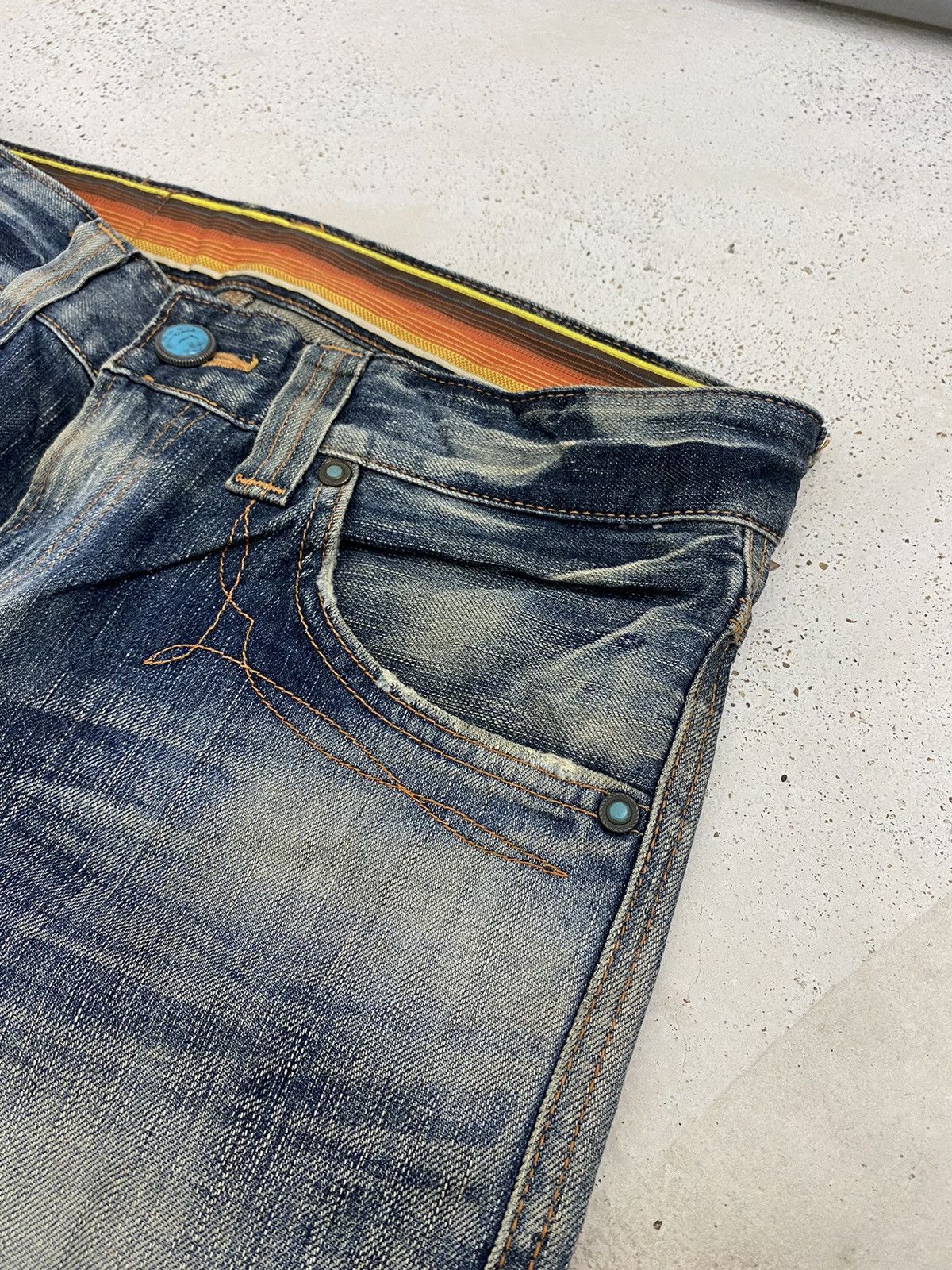 Edwin × Japanese Brand Edwin Blue Trip Mud Washed Whisker Distress Zipper Pocket Size US 31 - 9 Thumbnail