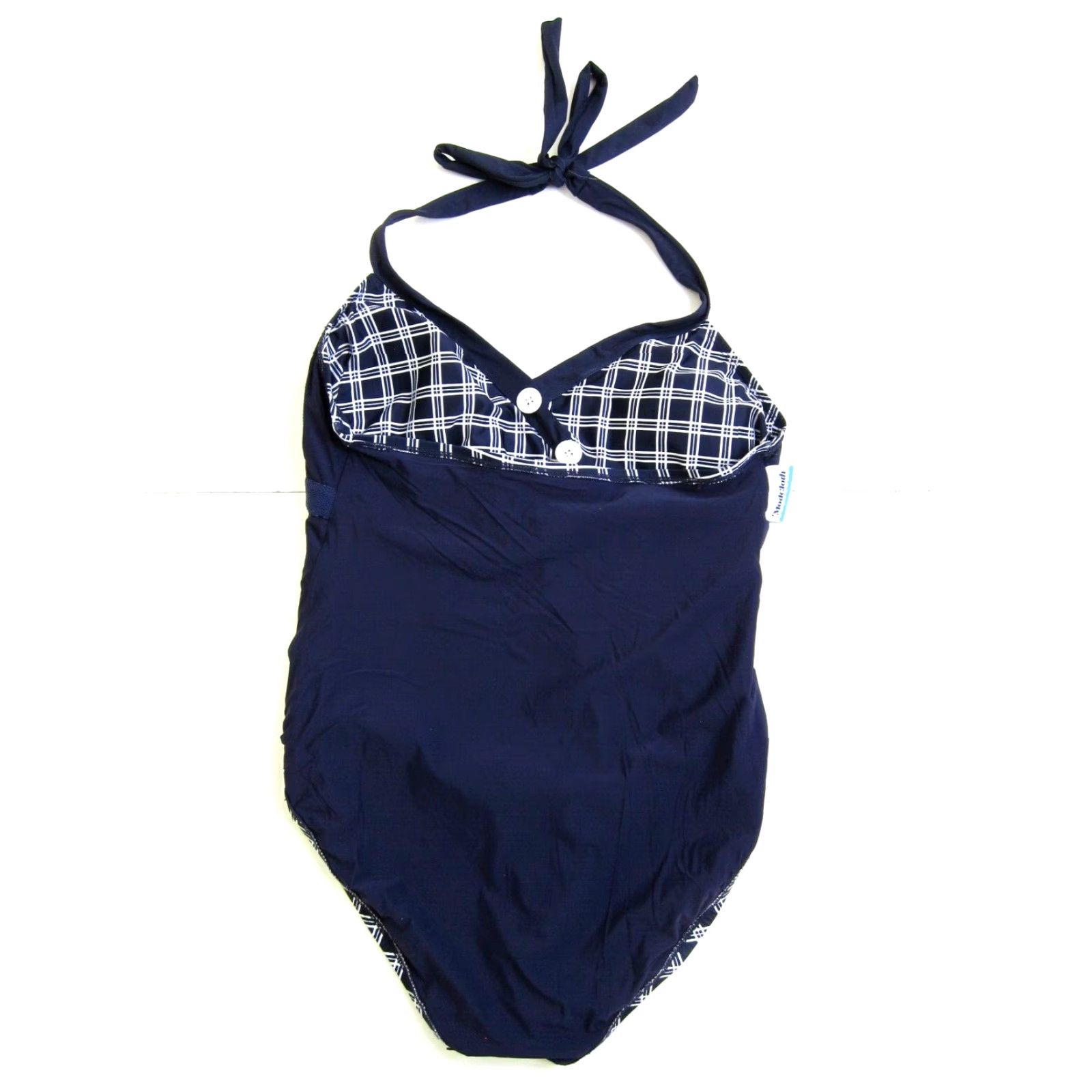 Vintage ModCloth Blue White Plaid Button Halter V-Neck One Piece Swimsuit Women 16-18 Size ONE SIZE - 6 Thumbnail