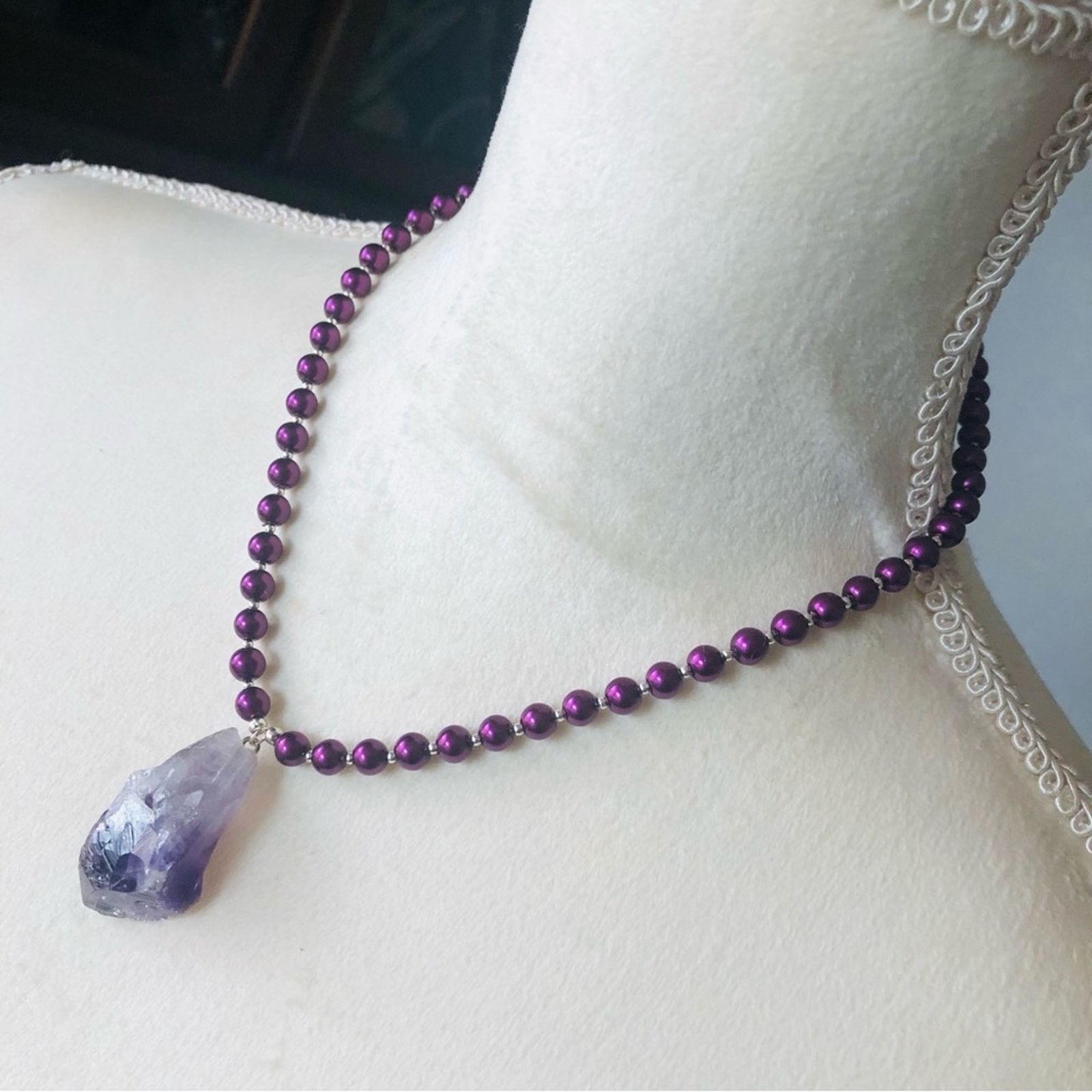 Handmade Handcrafted repurpose genuine amethyst slab Pearl necklace Size ONE SIZE - 5 Thumbnail