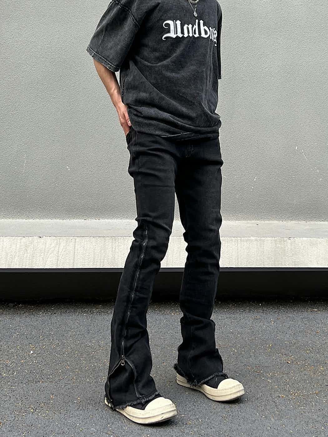 zipper faded damaged flared punk jeans
