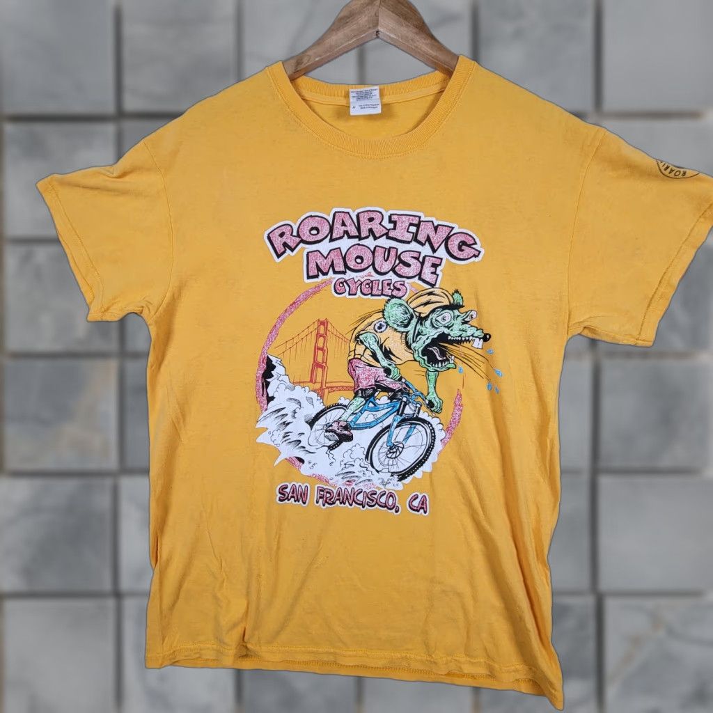 Gildan VINTAGE Gildan T-Shirt Yellow M Mens 90s Rat On Bike Graffiti Embroidered Logo Crew Neck Short Sleeve Cotton Blend Shirt Size US M / EU 48-50 / 2 - 1 Thumbnail