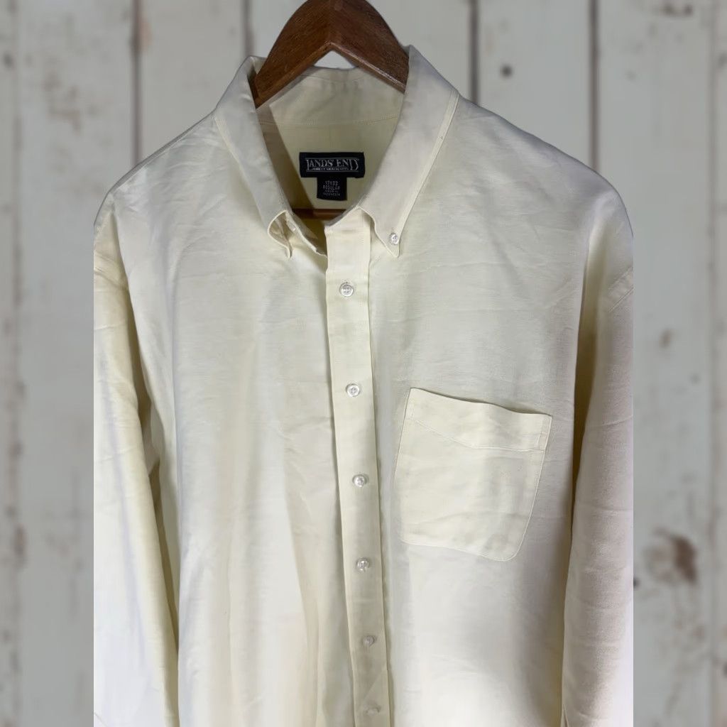 Lands' End Lands' End Dress Shirt Men 17X33 Yellow Button-Down Collar Long Sleeve Pockets Cotton Polyester Regular Size 46R - 1 Thumbnail