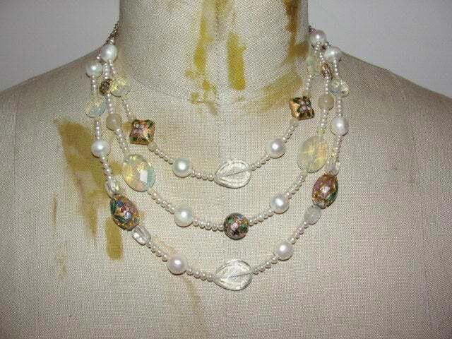 Designer Triple Strand Pearl Cloisonne Opalite Glass Bead Necklace Size ONE SIZE - 1 Thumbnail