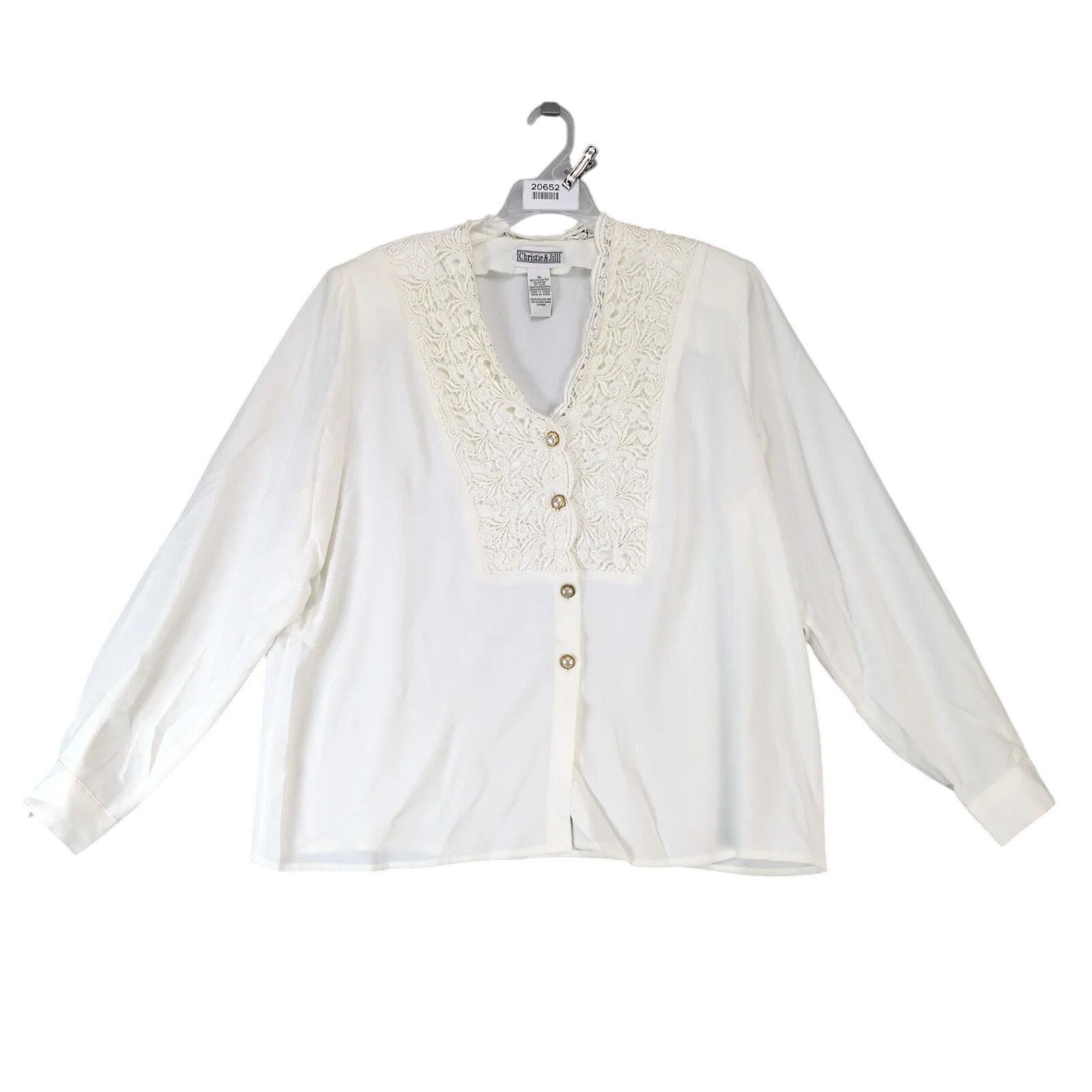 Vintage Christie & Jill Ivory Crochet Lace Blouse Gold Pearl Buttons Size XXL / US 16-18 / IT 52-54 - 1 Thumbnail