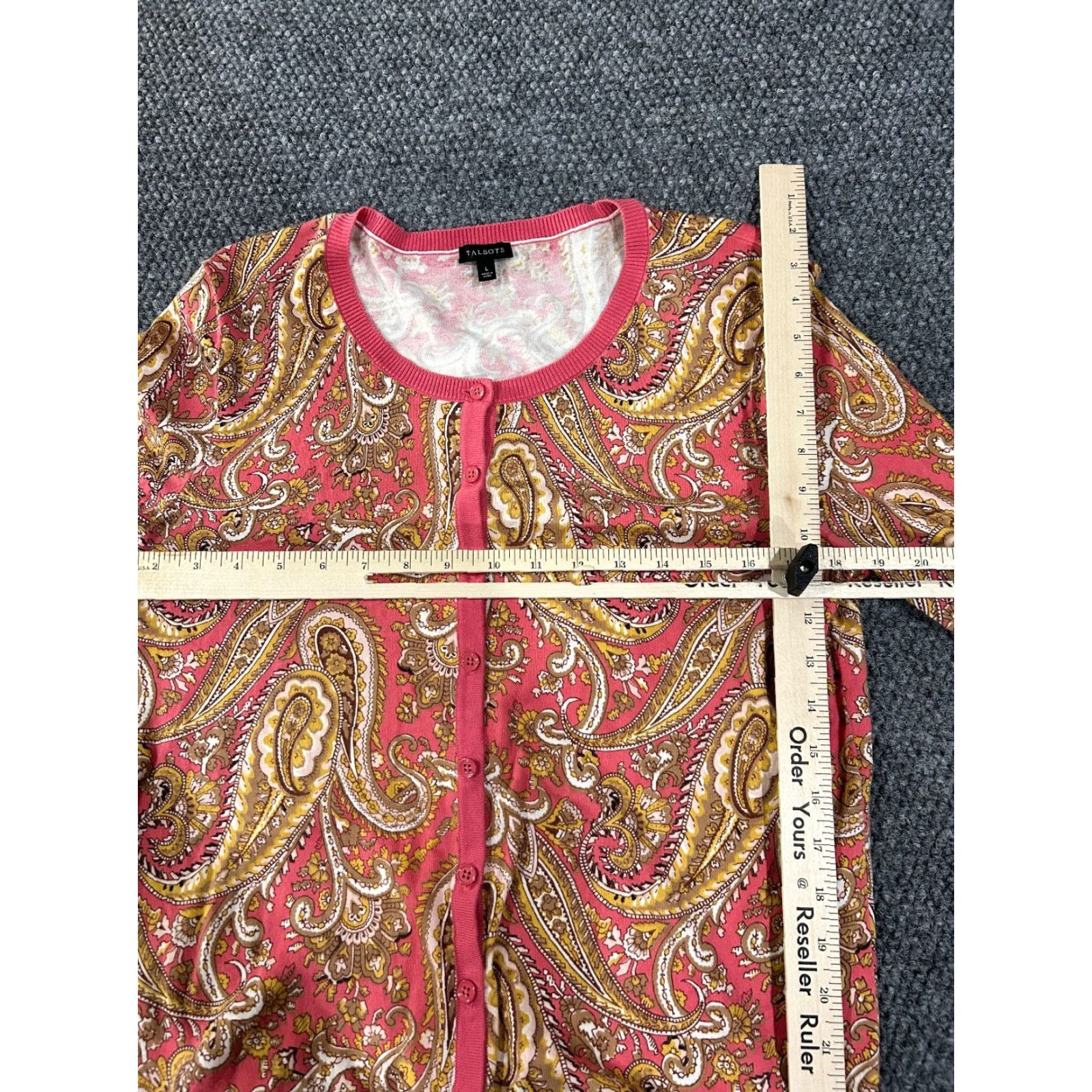 Talbots Talbots Cardigan Womens Large Pink Paisley Button Front Long Sleeve Lightweight Crew Neck Knit Cotton Regular Fit Size L / US 10 / IT 46 - 4 Thumbnail