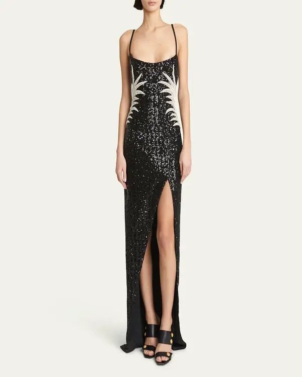 Balmain o1s1wg111025 Sequin Embroidered Palm Tree Gown in Black Size L / US 10 / IT 46 - 5 Thumbnail