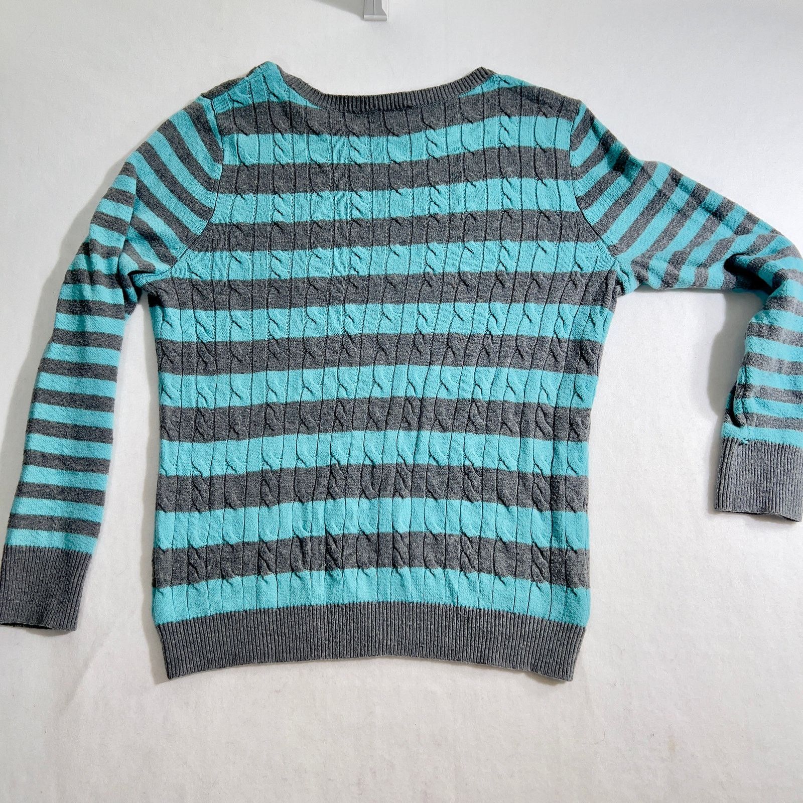 Robert Talbott Sweater Talbots Woman L 30% Lambswool Cable Teal Grey Stripe Size L / US 10 / IT 46 - 3 Thumbnail