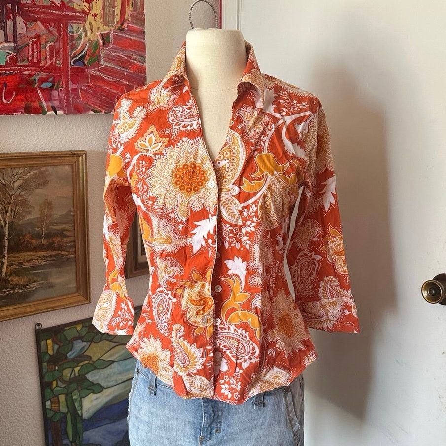 Coldwater Creek coldwater creak orange white paisley floral button up shirt Size S / US 4 / IT 40 - 1 Thumbnail