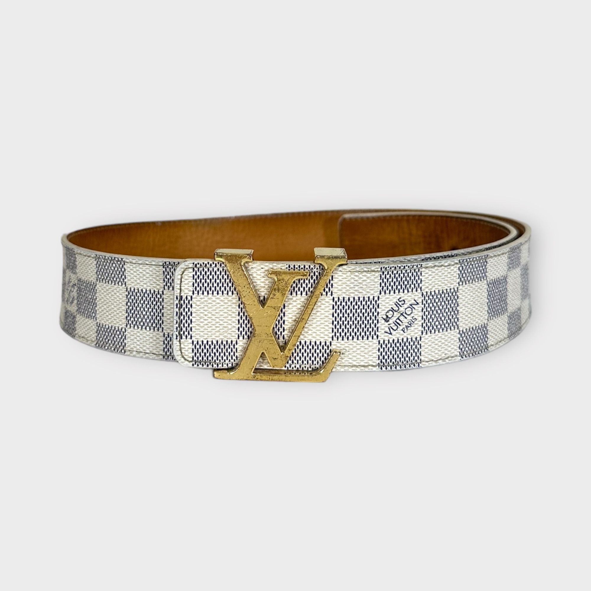 image of Louis Vuitton Belt Damier Ceinture Initial Golden Buckle in Ivory, Men's (Size 32)