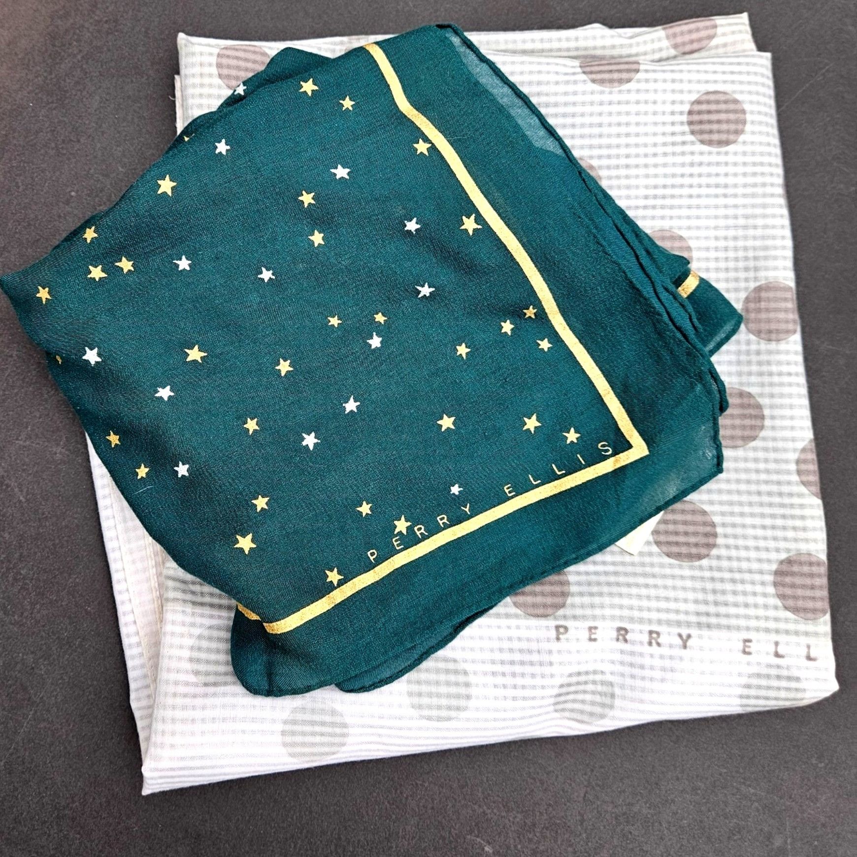 Perry Ellis Vintage 80s Perry Ellis Set (2) Square Scarves Dot Print & M Size ONE SIZE - 1 Thumbnail