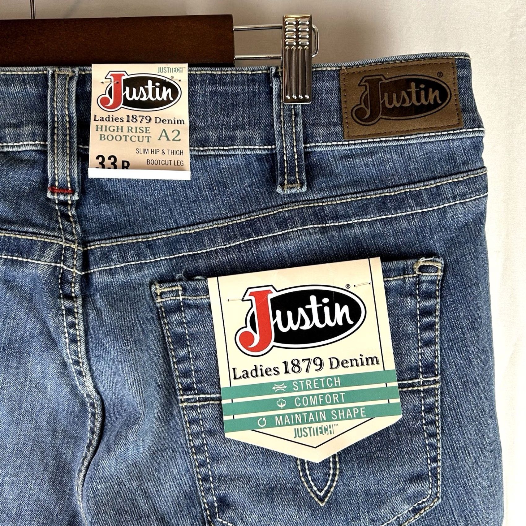 Justin Boots Justin Jeans A2 High Rise Bootcut Denim Stretch Womens Size 33R 38x34 Blue City Western Cowgirl Ranch Boots Mens Womens Girls Size 24" / US 00 / IT 34 - 7 Thumbnail