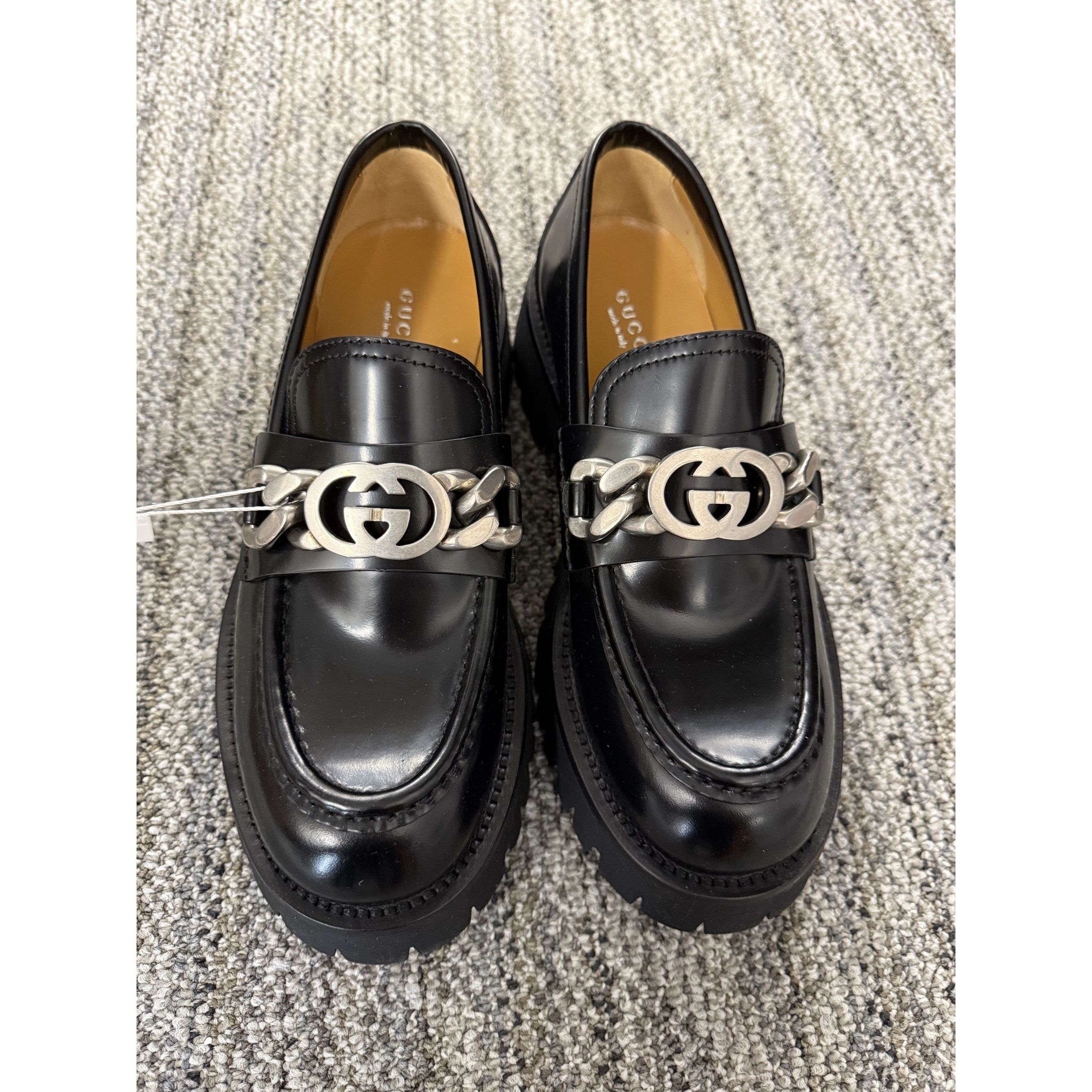 Gucci Gucci Womens Black Leather Loafers With Interlocking G Chain Size US 8 / IT 38 - 10 Thumbnail