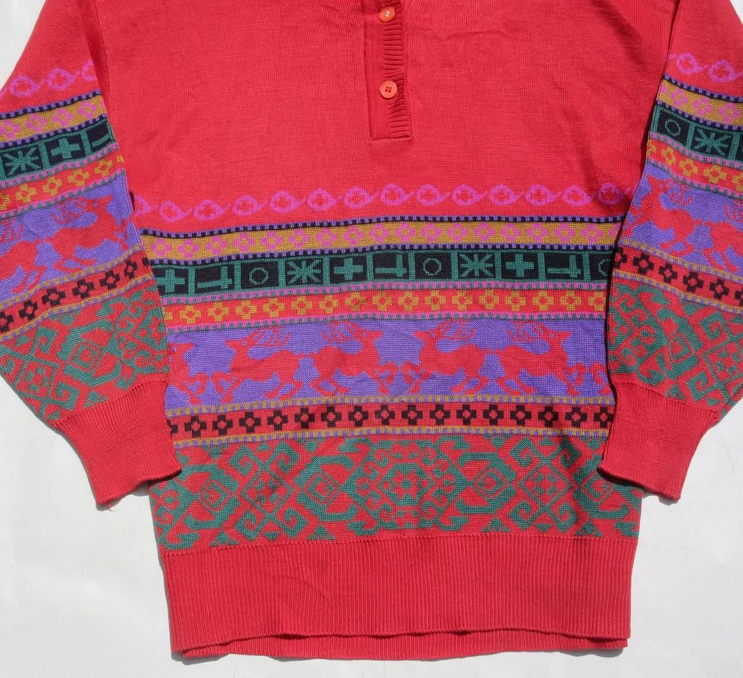 Aran Isles Knitwear × Vintage Vintage Fair Isle Polo Knitwear Jumper Pullover With Collar Size US L / EU 52-54 / 3 - 5 Thumbnail
