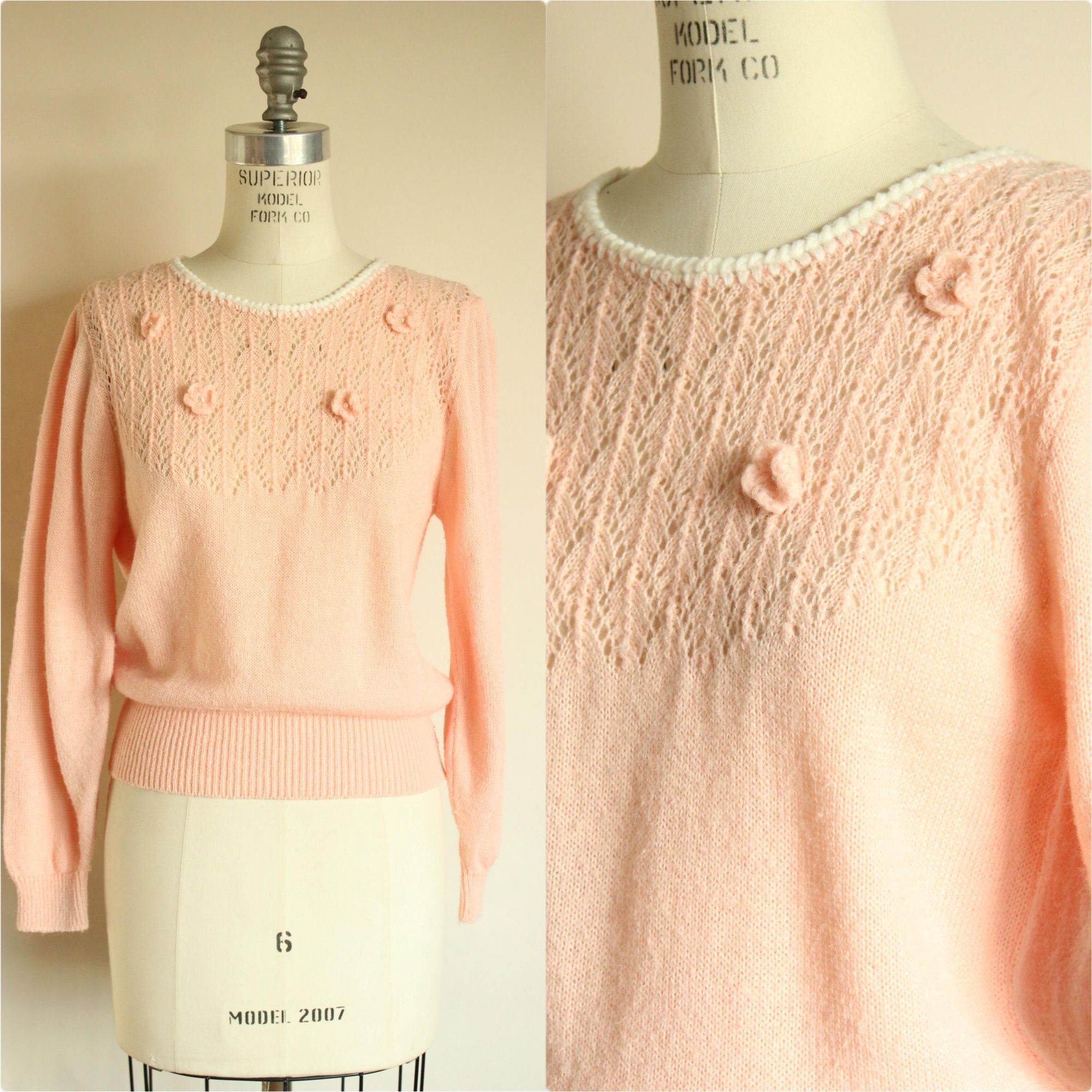 Vintage Vintage 1980s Sweater, Rt Mind Pink Pointelle Knit Pullover, Size M / US 6-8 / IT 42-44 - 1 Thumbnail