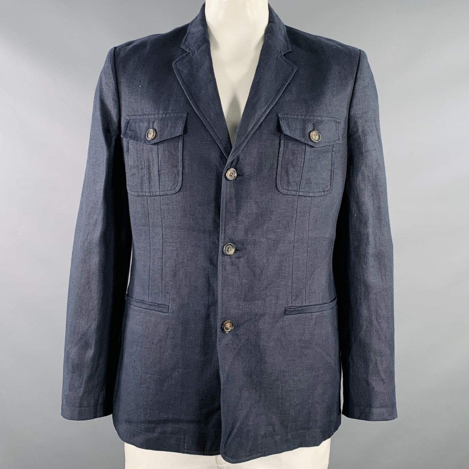 Elie Tahari Size 42 Redford Navy Hemp Linen Notch Lapel Jacket Size US L / EU 52-54 / 3 - 1 Thumbnail