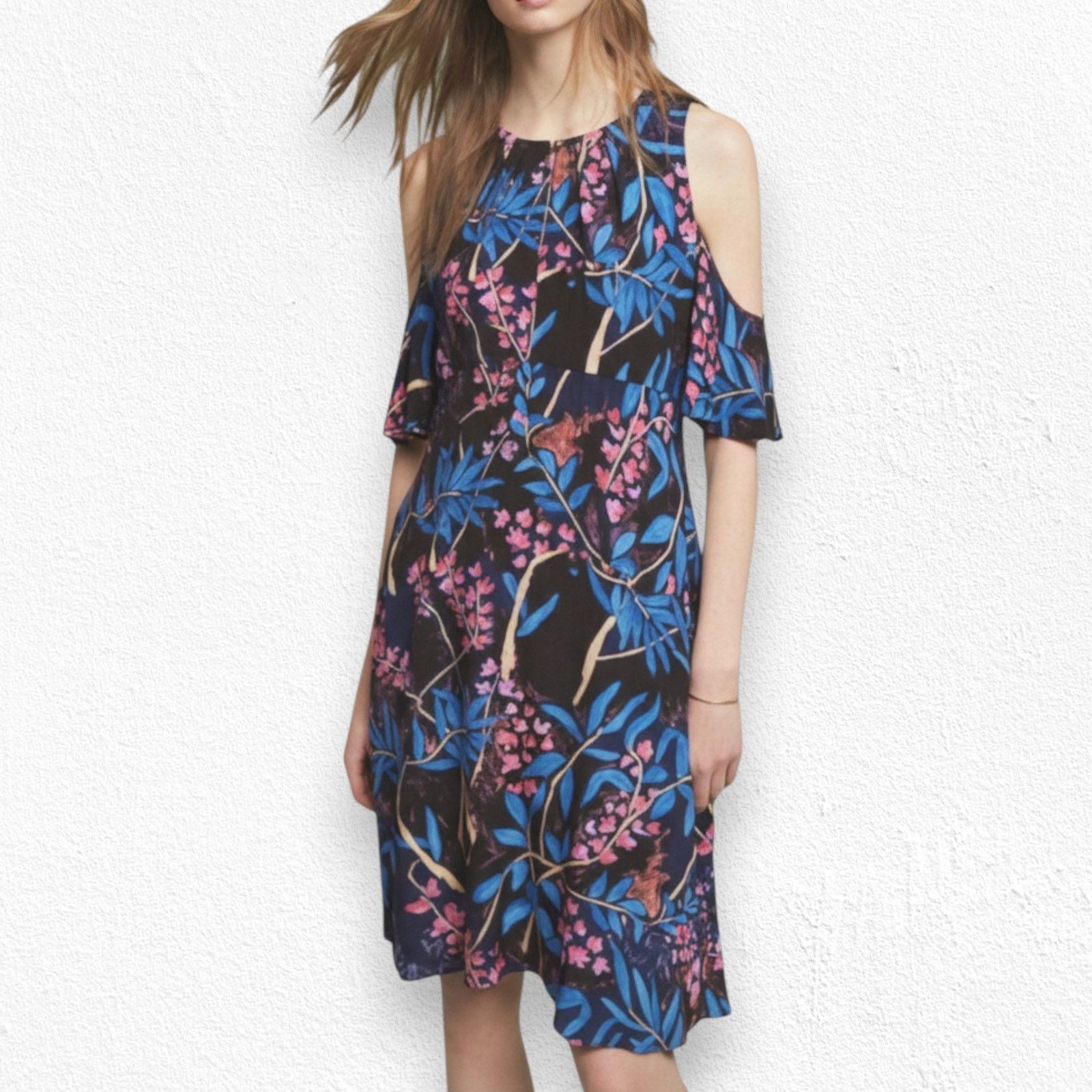 Anthropologie Black Pink Tropical Floral Cold Shoulder Dress Size 4 Size S / US 4 / IT 40 - 2 Thumbnail