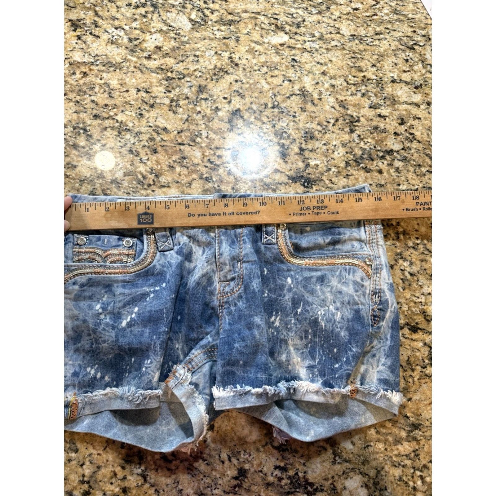Vintage Rock Revival Kira denim acid-wash distressed jean shorts w rhinestones sz 29 Rock Shorts Women Regular 29 Blue Rhinestone Grunge Y2k Size 29" - 6 Thumbnail