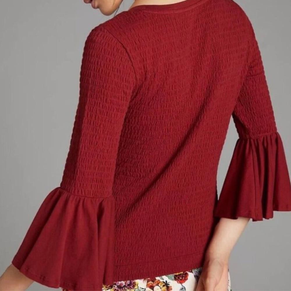 Designer Anthropologie Smocked Bell-Sleeve Top Shirt Wine Red Medium Size M / US 6-8 / IT 42-44 - 3 Thumbnail