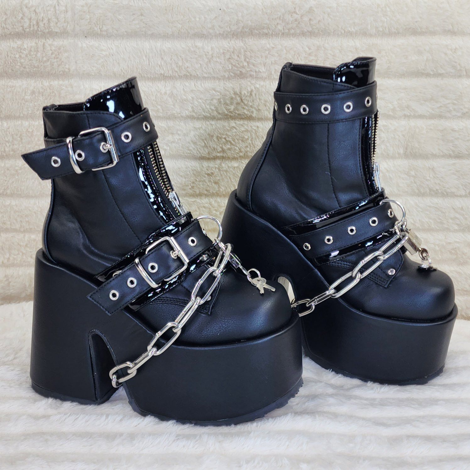 Camel 205 Chain & Padlock Platform Goth Ankle Boots Front Zi