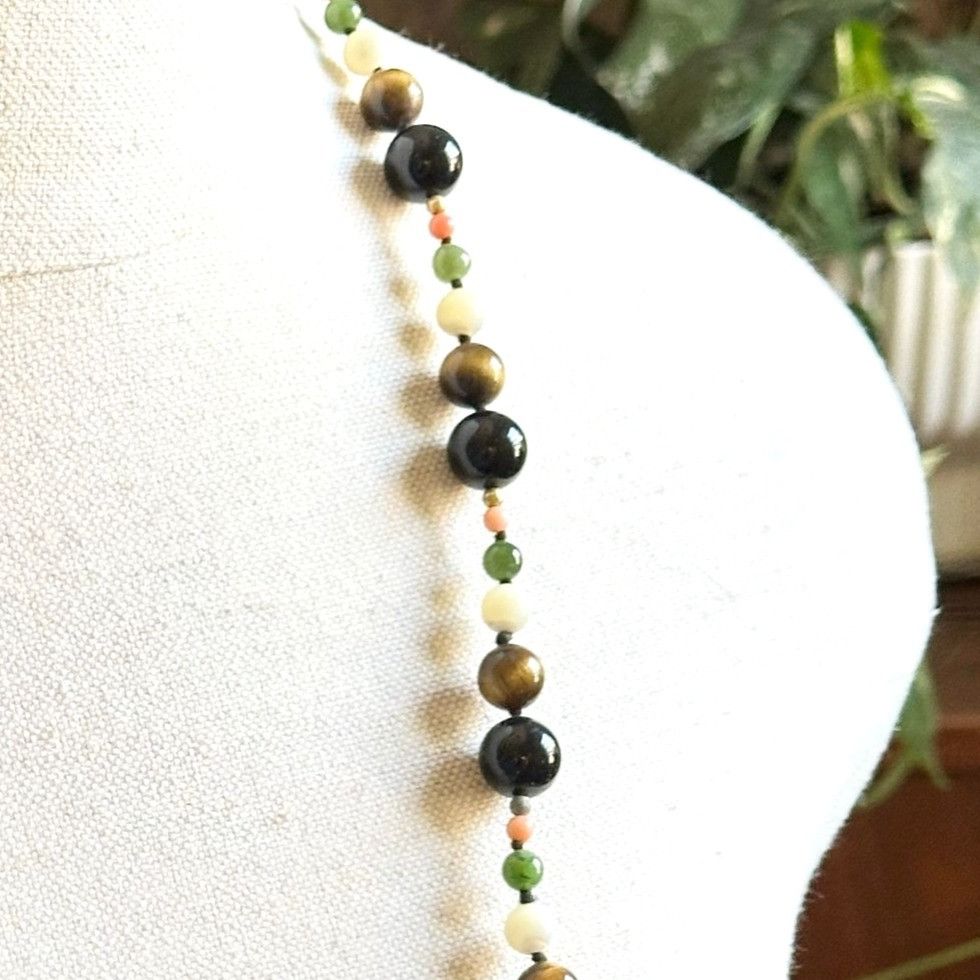 Vintage Vintage Gemstone Bead Necklace, Onyx, Tiger’s Eye, Nephrite Size ONE SIZE - 6 Thumbnail