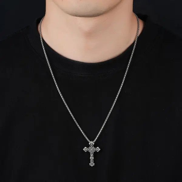 Jewelry Silver Ornate Cross Pendant Necklace, Men's Chain Necklace Size ONE SIZE - 1 Thumbnail