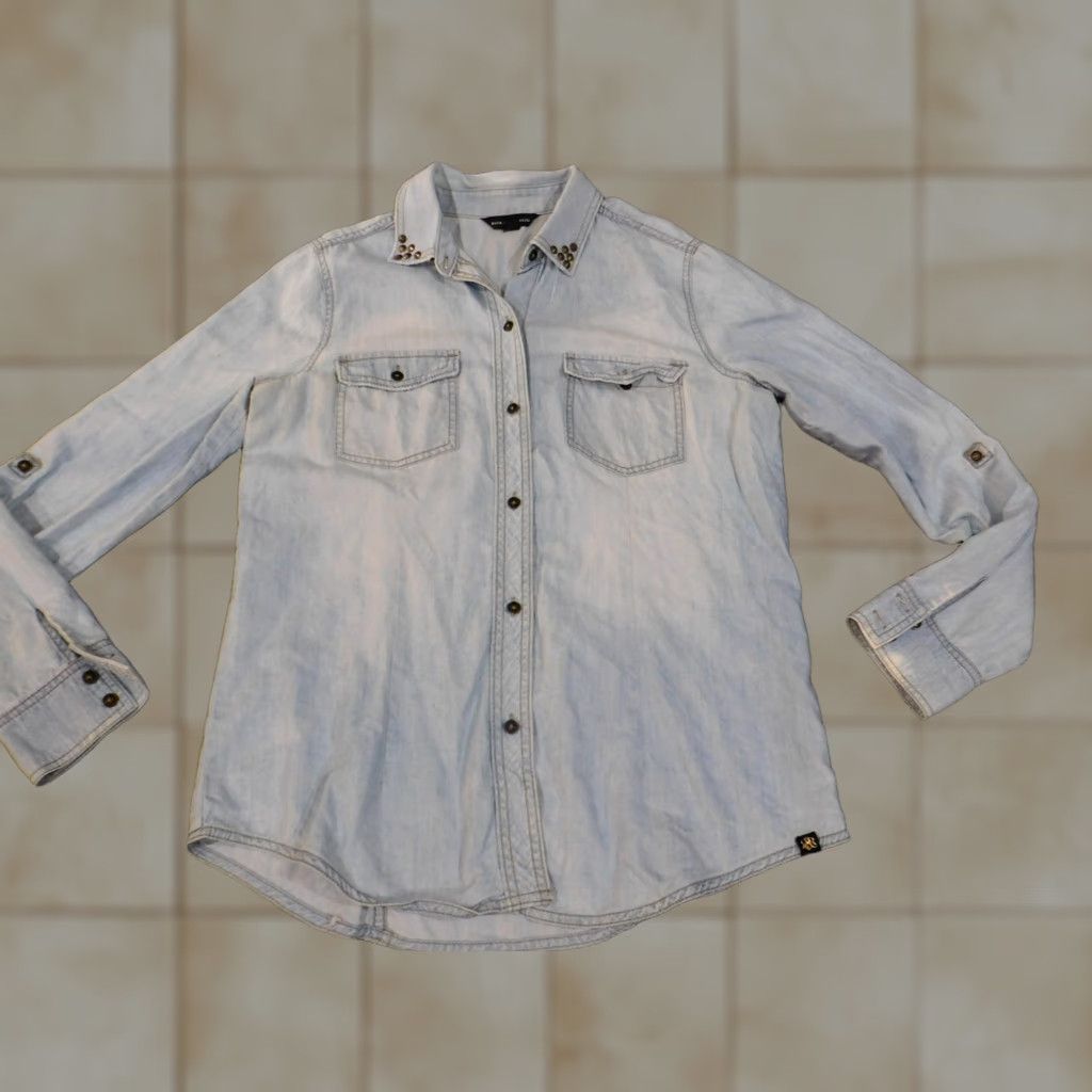 Vintage Rock & Republic Womens Button-Up Top Denim Blue L Retro Pockets Cotton Lyocell Long Sleeve Shirt Size L / US 10 / IT 46 - 1 Thumbnail