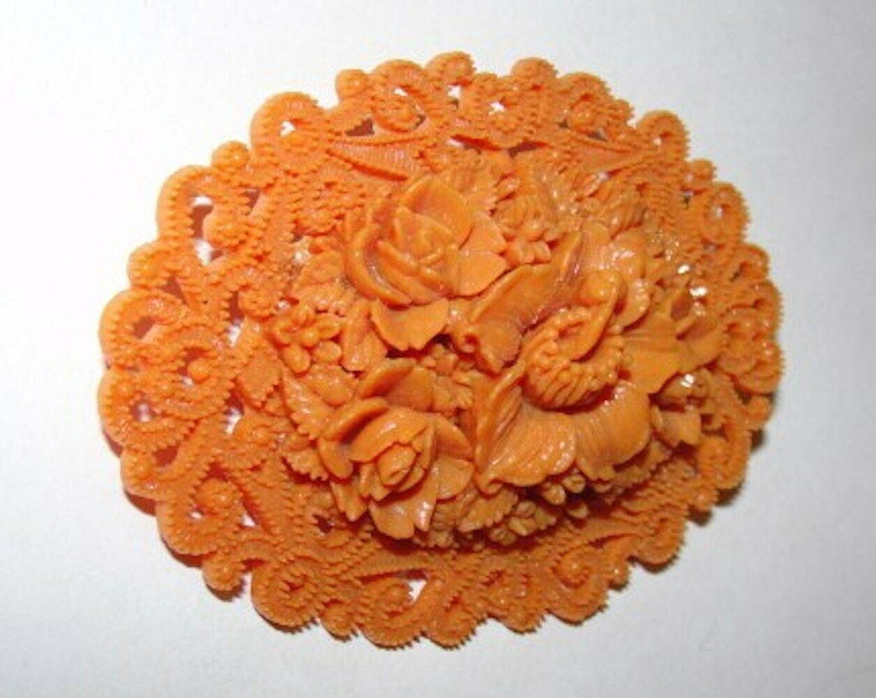 Designer Celluloid Faux Carved Red Coral Floral Motif Pin/Brooch Size ONE SIZE - 2 Thumbnail