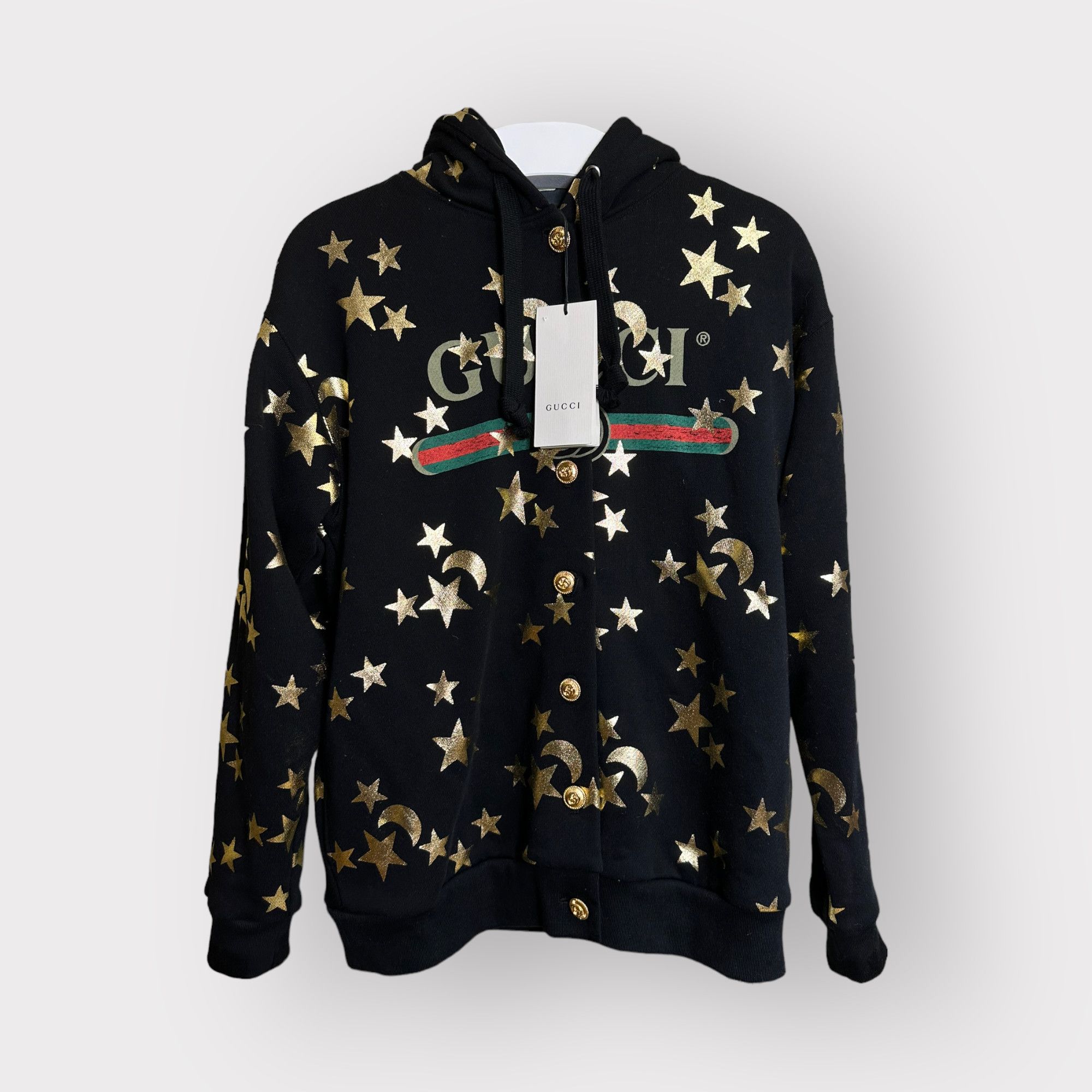 image of Gucci Buttoned Sweatshirt Stars And Moons Belt Logo Hoodie in Black, Women's (Size Small)