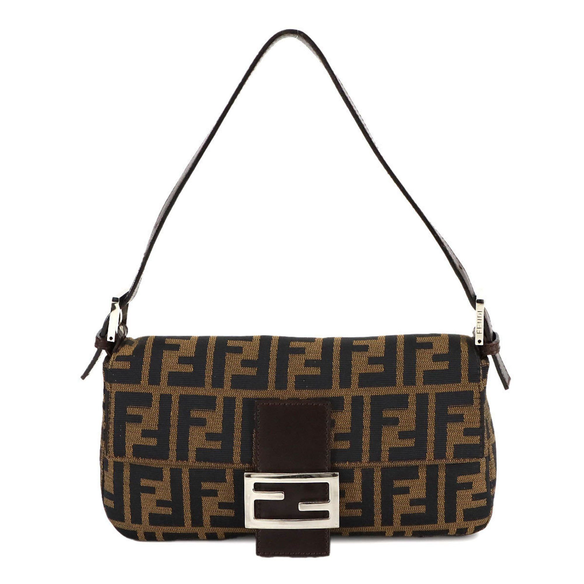 Fendi Zucca Mamma Baguette Shoulder Bag Canvas Leather Brown 26424 Silver Hardware, Women's
