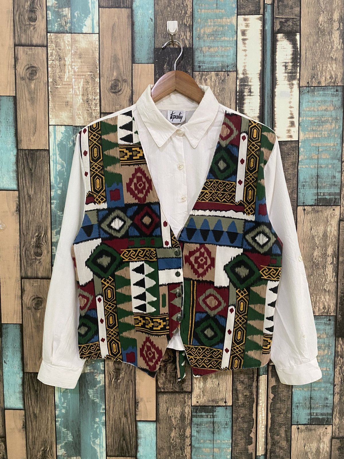 80s Vintage Tapestry Western Design Vest Shirt